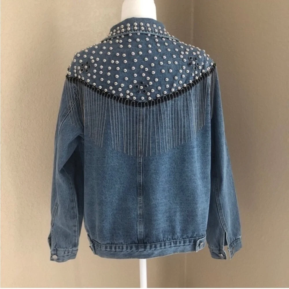 Blue Studded Fringe Statement Denim Jacket Size XL